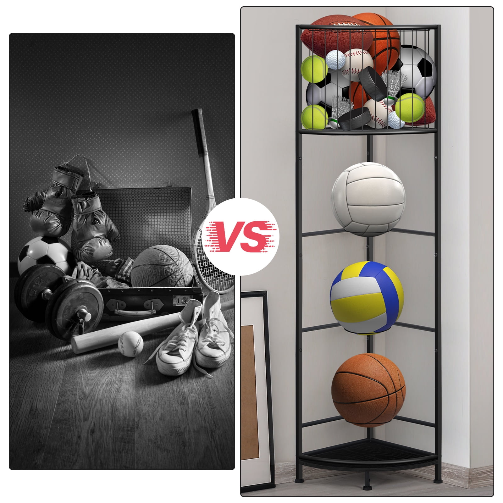 Oumilen 3-Tier Freestanding Basketball Storage Rack, Heavy-Duty Sports Ball Organizer