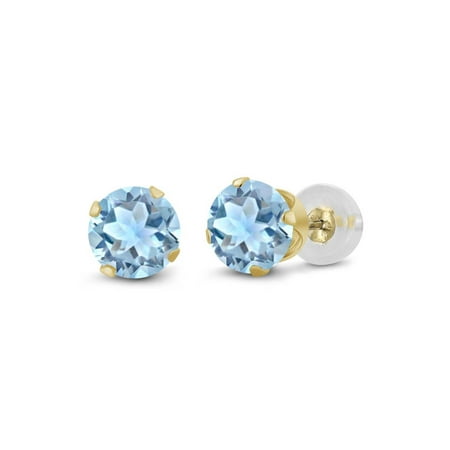 - 0.90 Ct Round 5mm Sky Blue Aquamarine 14K Yellow Gold Stud Earrings