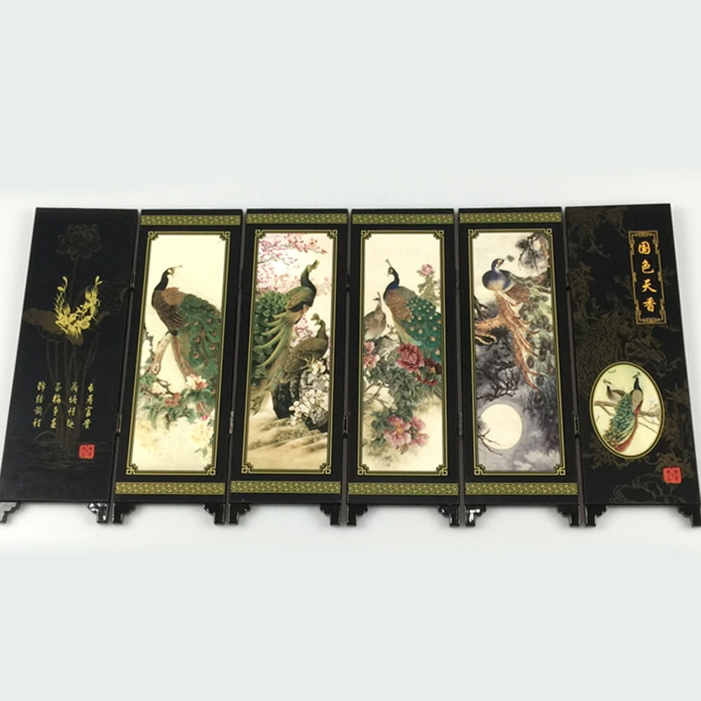 OPOLSKI Wooden 6-Panel Peacock Screen Room Divider Folding Partition Gift Desktop Decor