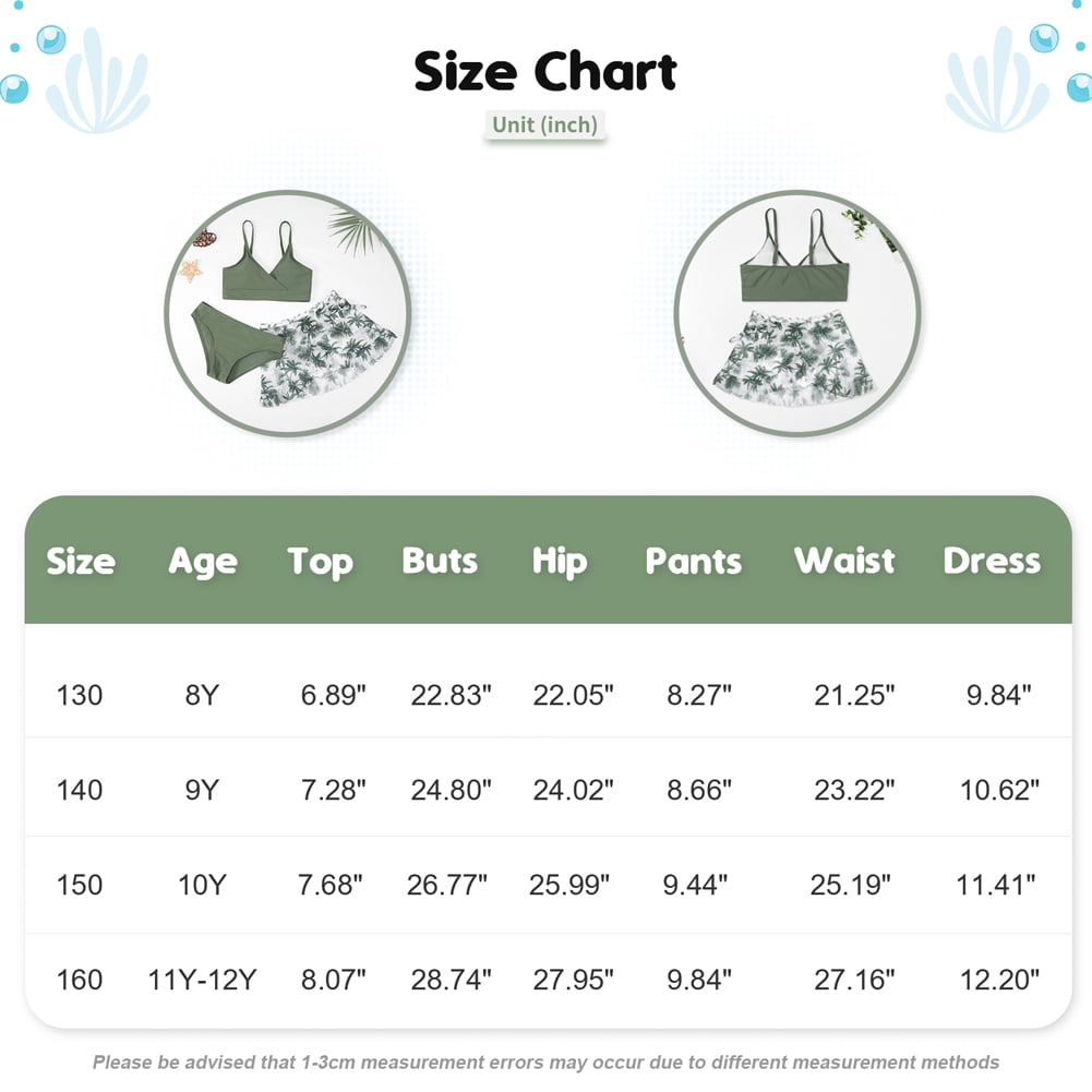 GYRATEDREAM Girl's 3 Pieces V Neck Bikini Swimsuit with Wrap Beach Skirt 8-12 Years