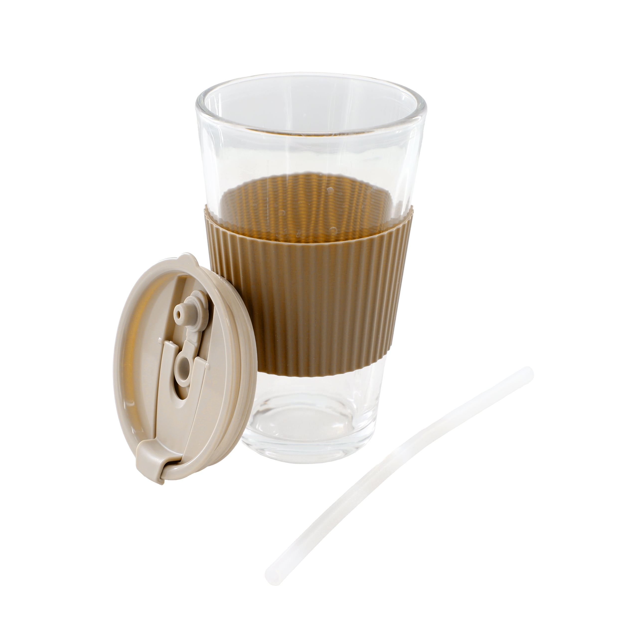 Mr. Coffee Sip Savvy 4 Piece 15 Ounce Silicone Sleeve Glass Cup Set w/ Lid and Straw in Brown