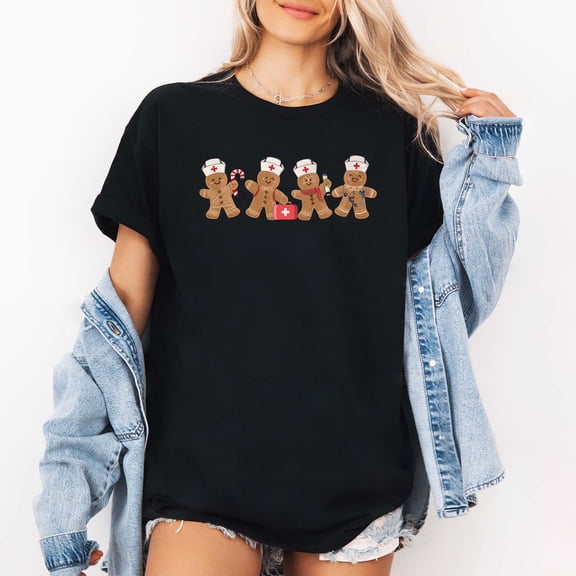 Women's Long Sleeve Crew Neck T-Shirt, "Is Bright" Gingerbread Graphic Casual Christmas Holiday Top
