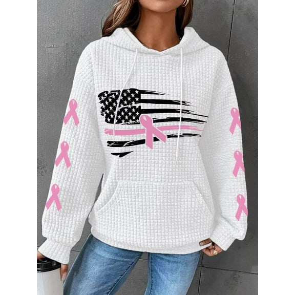Women's Pink Ribbon American Flag Breast Cancer Awareness Warrior Waffle Hoodie