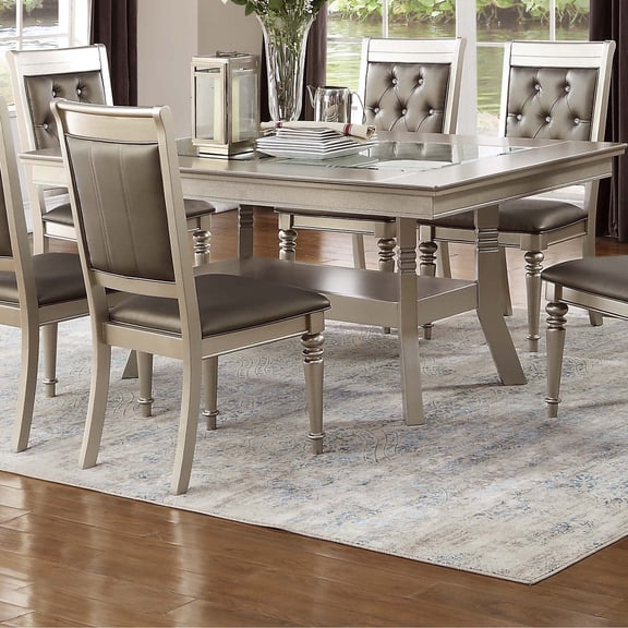 LuckynoteDining Table Silver Finish Rubber Wood Center Glass Top 1pc Table w Shelve Dining Room Furniture