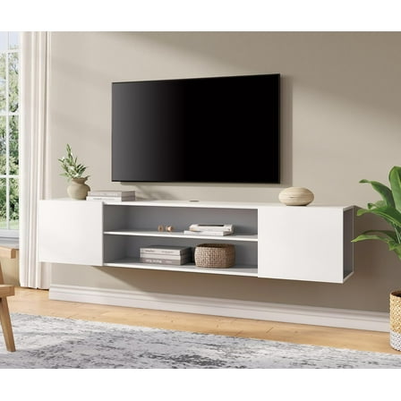 WMAPAT Floating TV Stand for TVs up to 80 Inches, Wooden Wall-Mounted TV Shelf with Storage Cabinet, 2-Tier Media Console Entertainment Center with 2 Flip Doors for Living Room or Bedroom, White