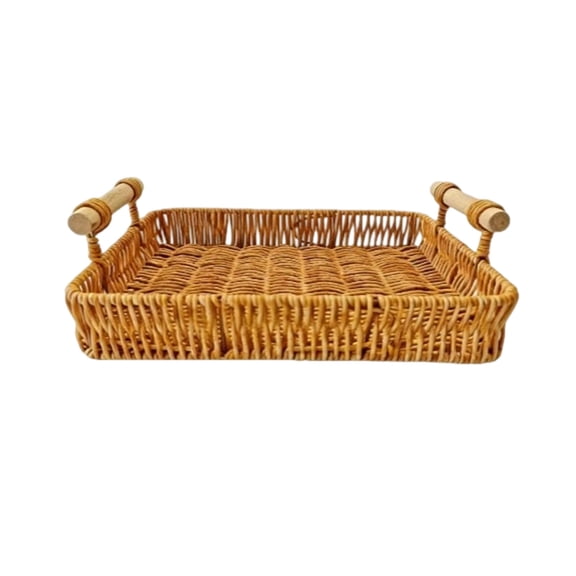 Hand Woven Rattan Serving Tray with Wooden Handles in Two Sizes for Food, Fruit, and Home Organization(Multicolor)