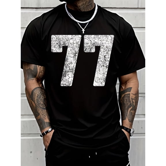 Men's Athletic Distressed Graphic Number 77 Streetwear T-Shirt