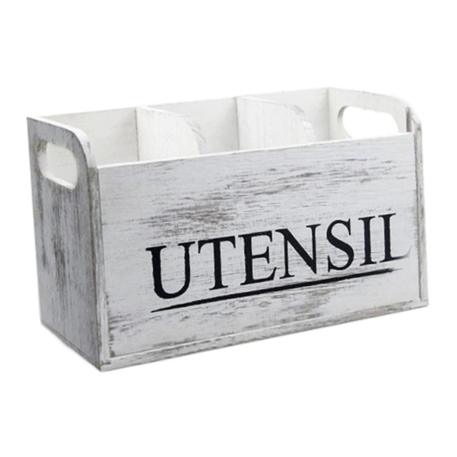 Fiocias White Wooden Utensil Holder with 3 Compartments Cutlery Holder Utensil Organizer