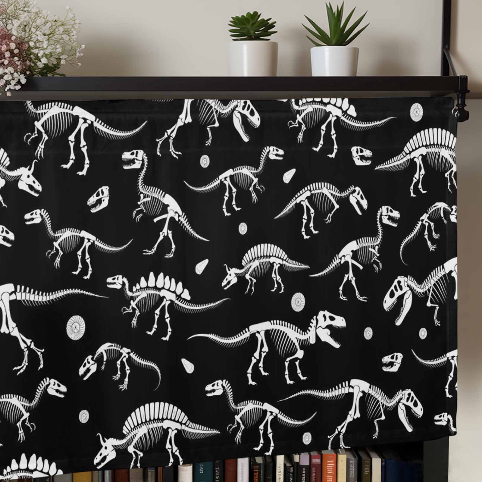 Halloween Dinosaur Black Kitchen Valances for Windows, Funny Dino Skull Boys Girls Children Bathroom Window Valances 60x18 Inch Window Treatments Valance Curtains for Living Room Bedroom Decor