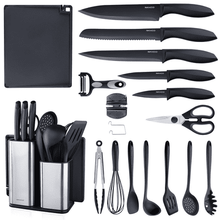 

18 Pieces Black Kitchen Set Cooking Utensils Set Stainless Steel Knife Set with Block 7 Piece Silicone Cooking Utensils Set with Scissors Vegetable Peeler Knife Sharpeners Cutting Board