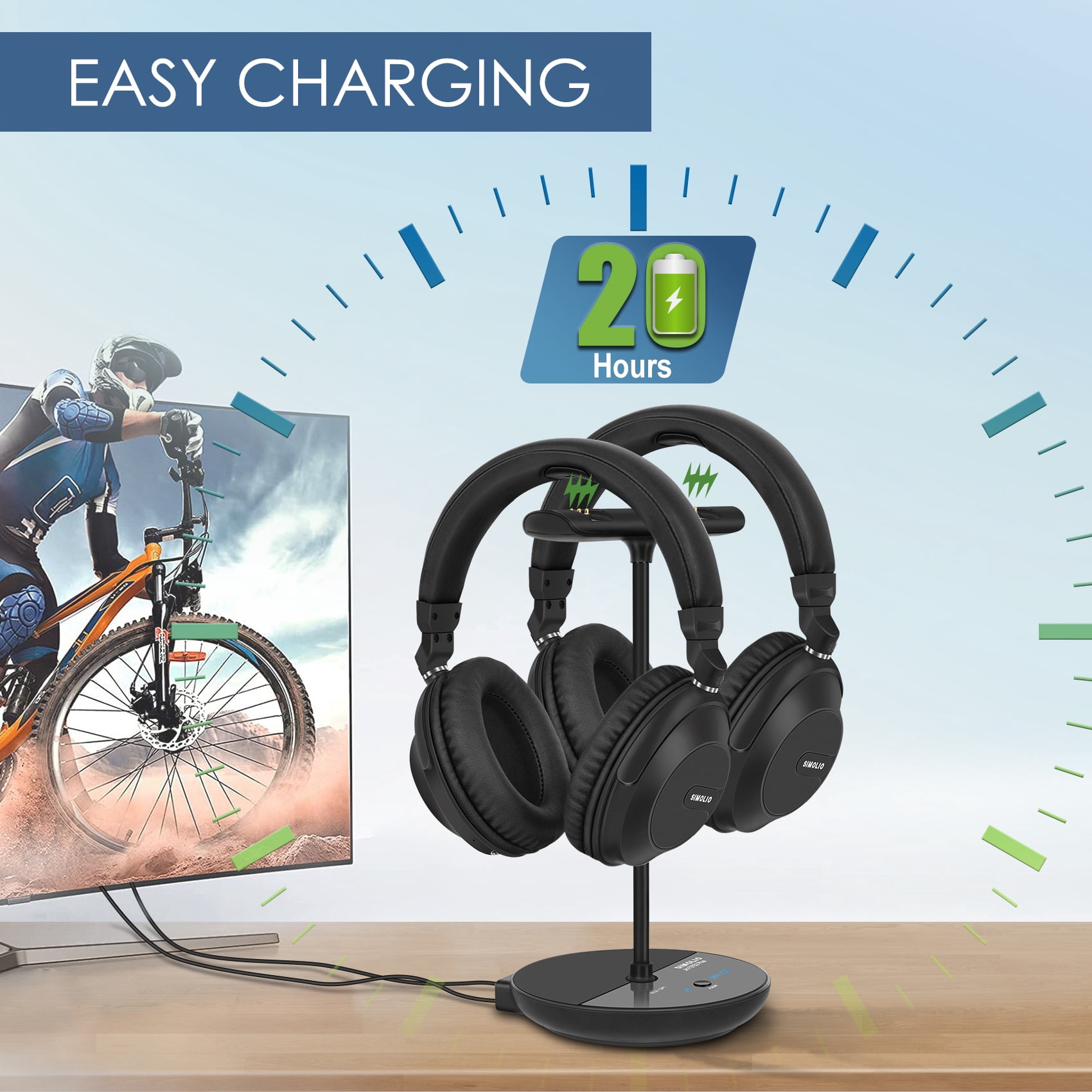 Simolio Dual Wireless Headphones for TV, 100ft Working Range, No Pairing, No Audio Delay, for Seniors, SM-737D2 (New)