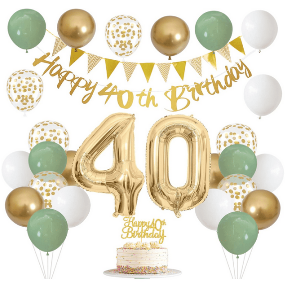 Sage Green White Gold 40th Birthday Party Decorations Kit,Happy 40th Banner Triangle Flags Garlands Number 40 Balloons Cake Toppers for 40 Year Old Men/Women Anniversary Party Backdrops Supplies