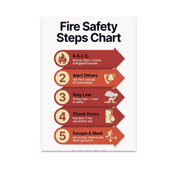 Fire Safety Steps Chart - Home Decor Enthusiast - 13x19 Poster Print