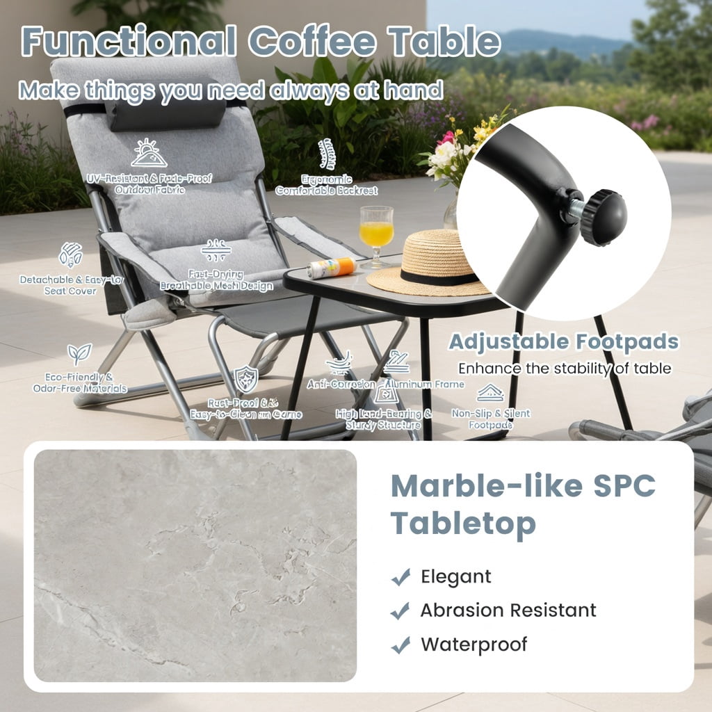 Hommoo 5-Piece Folding Patio Sling Chair Set with Footrests, Coffee Table & Headrest Pillows, Outdoor Lounge Seating for Deck, Poolside & Garden, Gray