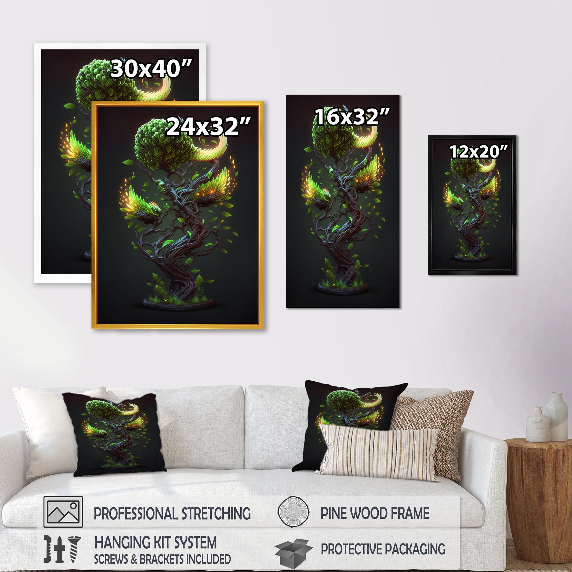 Designart Bonsai Swirl Tree Neon IV Canvas Wall Art