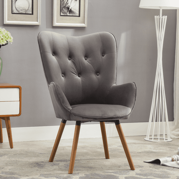 Modern Gray Silky Velvet Tufted Button Back Accent Chair - 1-Piece with Solid Wood Frame