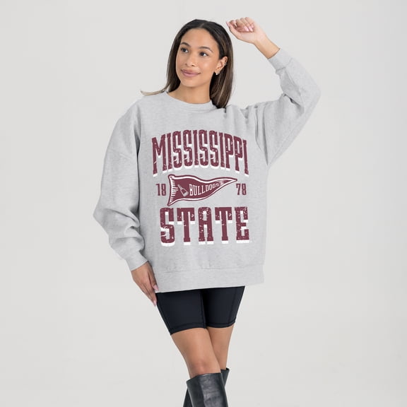 Women's Gameday Couture Ash Mississippi State Bulldogs Oversized Pennant Pride Premium Fleece Sweatshirt