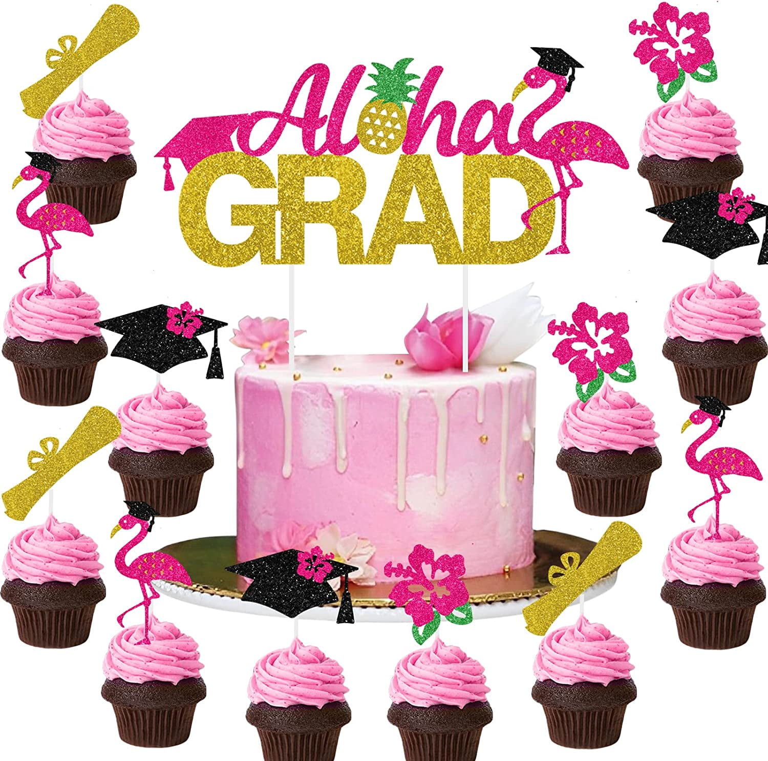 25Pcs Glitter Graduation Cake&Cupcake Toppers, Aloha Grad Cake Decoration Diploma Graduation Cap Design Tropical Themed Graduation Party Supplies College High School Class of 2023