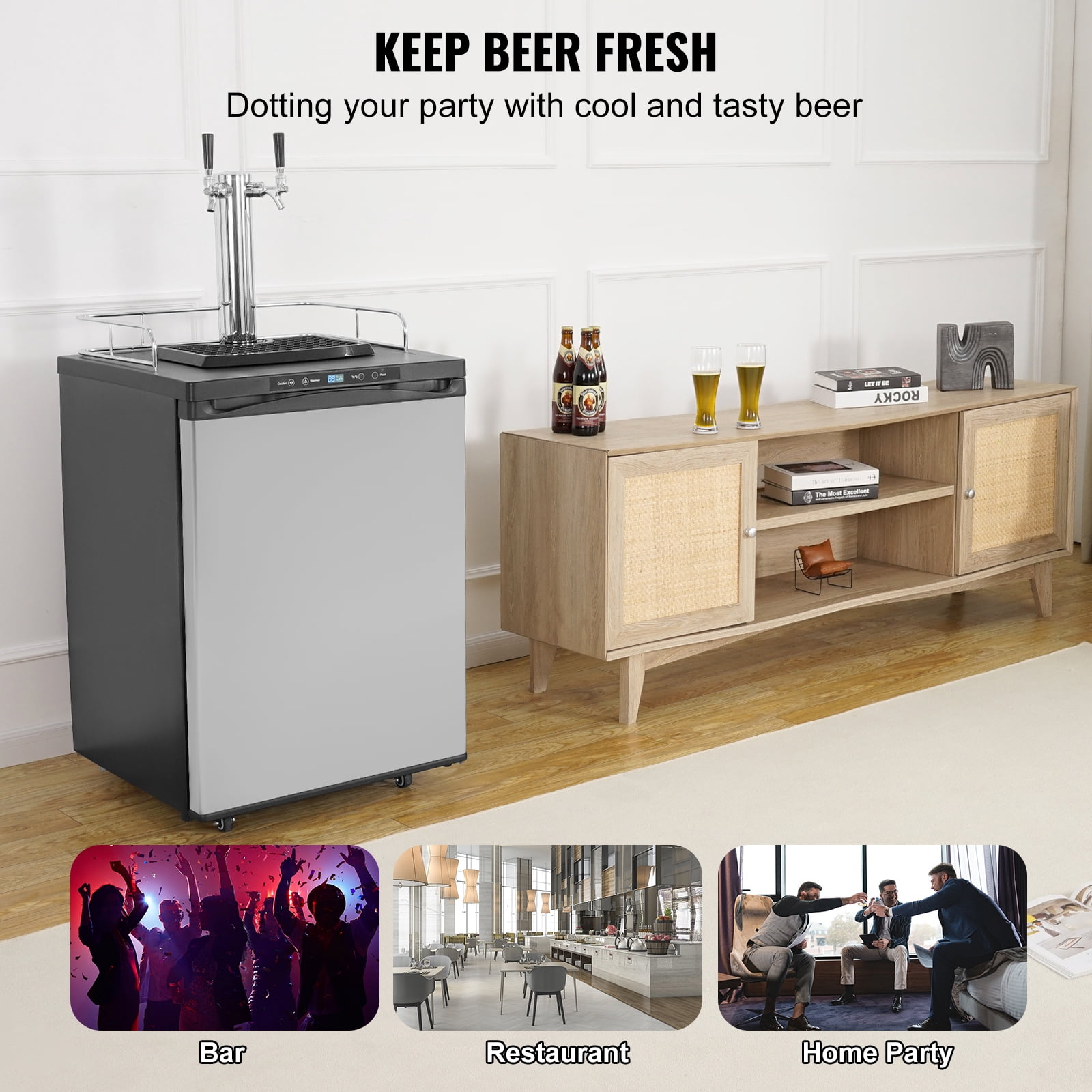 KFFKFF Dual Tap Beer Cooler, Keg Fridge with Shelf, CO2 Tank (Empty), Drip Tray & Guardrail, Temp Range 23°F-82°F, 162L Capacity, Silver