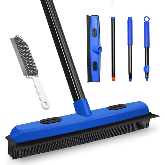 Dolanx Balai en Caoutchouc Brosse à Tapis avec Raclette, Éliminateur de Poils d'Animaux avec Manche Long de 52,8 Pouces, Outil de Retrait de Poils Pelucheux, Râteau en Silicone pour Nettoyer Sol en Bois, Carrelage, Fenêtre (Bleu)