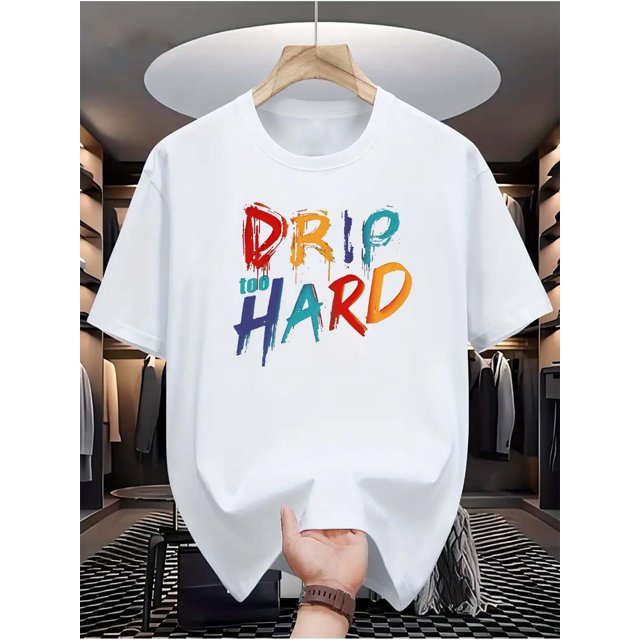Men's Graphic T-Shirt "Drip Too Hard" Lettering, Colorful Print Casual Crew Neck Tee, Polyester Knit Fabric, Regular Fit Summer Shirt with Slight Stretch