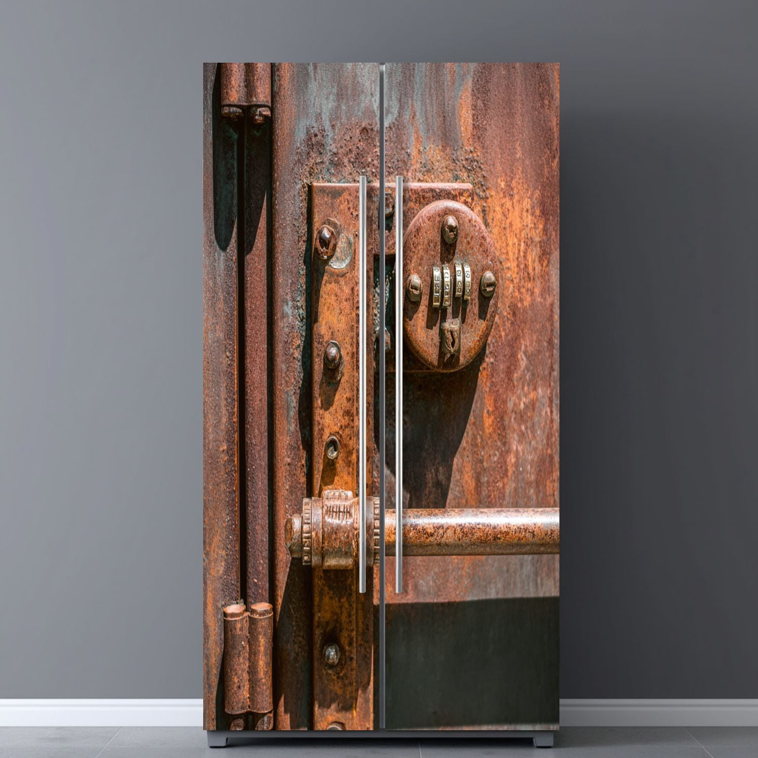 Self Adhesive Vinyl Refrigerator Wrap Set Vintage Rusty Bank Safe Door Mural Removable Fridge Sticker Peel and Stick&nbsp;Full Door Cover Decal Kitchen Bar Decor