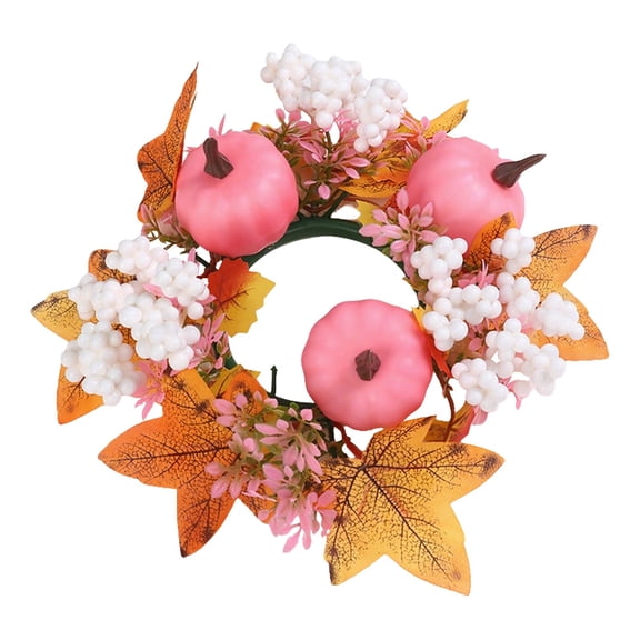 Fall Candle Ring,Artificial Maple Leaves Pumpkins Decorative Wreaths,Berry Wreath for Pillar Candle Holder,Candle Ring for Halloween Centerpieces and Farmhouse Table Decor,7.48 inch(Pink)