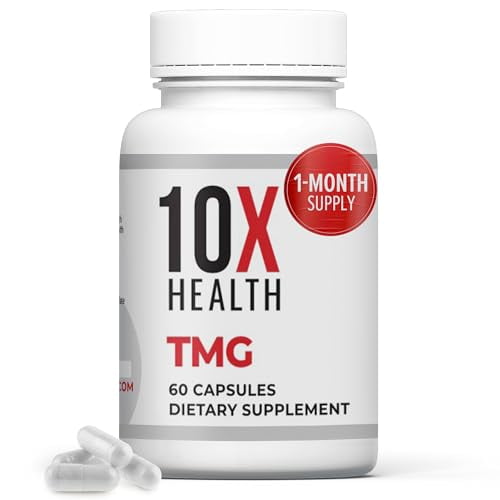 10X Health TMG Suplementos - Suplemento de trimetilglicina para apoyo hepático, bienestar del corazón, energía, regular los niveles de homocisteína con betaína anhidra - Sin OGM y sin gluten - 60 cáps