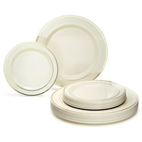 " OCCASIONS " 50 Plates Pack (25 Guests)-Heavyweight Wedding Party Disposable Plastic Plate Set -25 x 10.5'' Dinner   25 x 7.5'' Salad/Dessert plates (Ivory & Gold Rim)