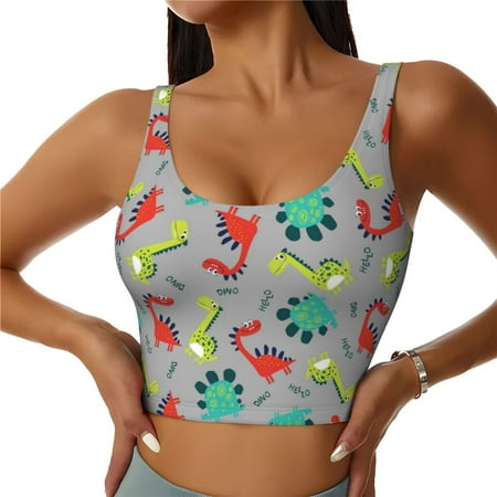 Xecao Cute Dinosaur for Sports Bra with Removable Pads  Crop Tank Top Design  Women s Longline Sports Bra - Non-Wired - Medium