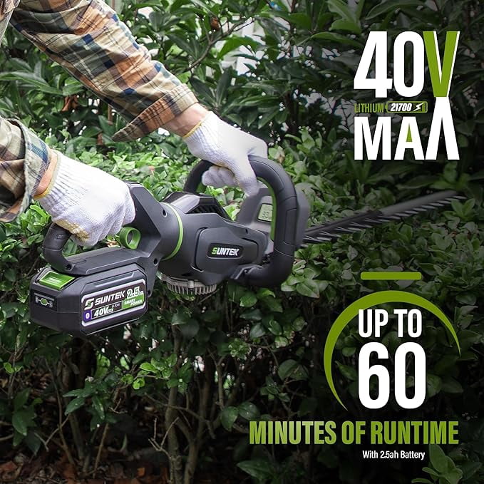 SUNTEK 40V Cordless Hedge Trimmer with 24'' Dual-Action Blade, Battery and Charger Included, Black