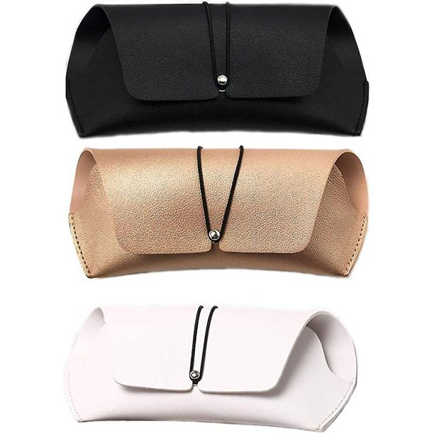 Estuche para gafas de 3 piezas, estuche para gafas de sol de cuero sintético suave y portátil, bolso simple para gafas para mujeres y niñas (negro, blanco y dorado)