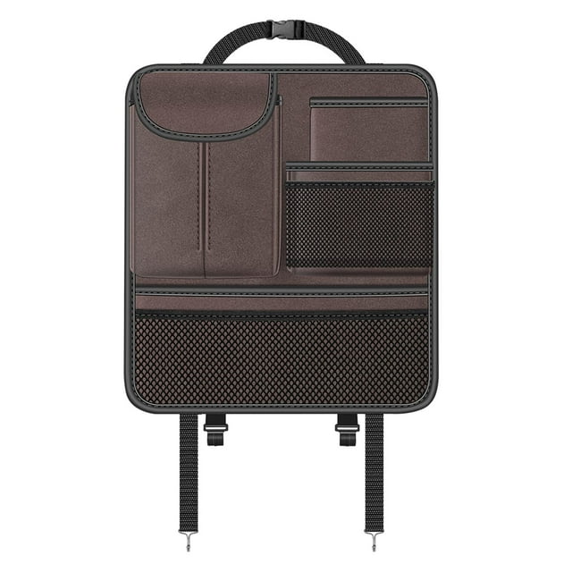 Protector de asiento trasero de coche, almacenamiento para viajes, alfombrilla resistente de cuero PU para patadas de coche. marrón