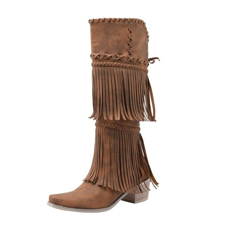 

Quealent Adult Women Shoes Rain Boots Womens Mid Calf Cowboy Boots for Women Western Boot Pointed Toe Low Womens Tall Boots Wide Calf Size 11 Brown 8.5