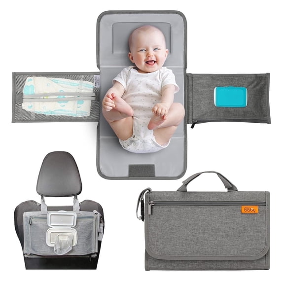 Kopi Baby Portable Diaper Changing Pad Travel Bag with Built-In Pillow, Reversible Wipes Pocket, Foldable Changing Mat, Grey, Modern
