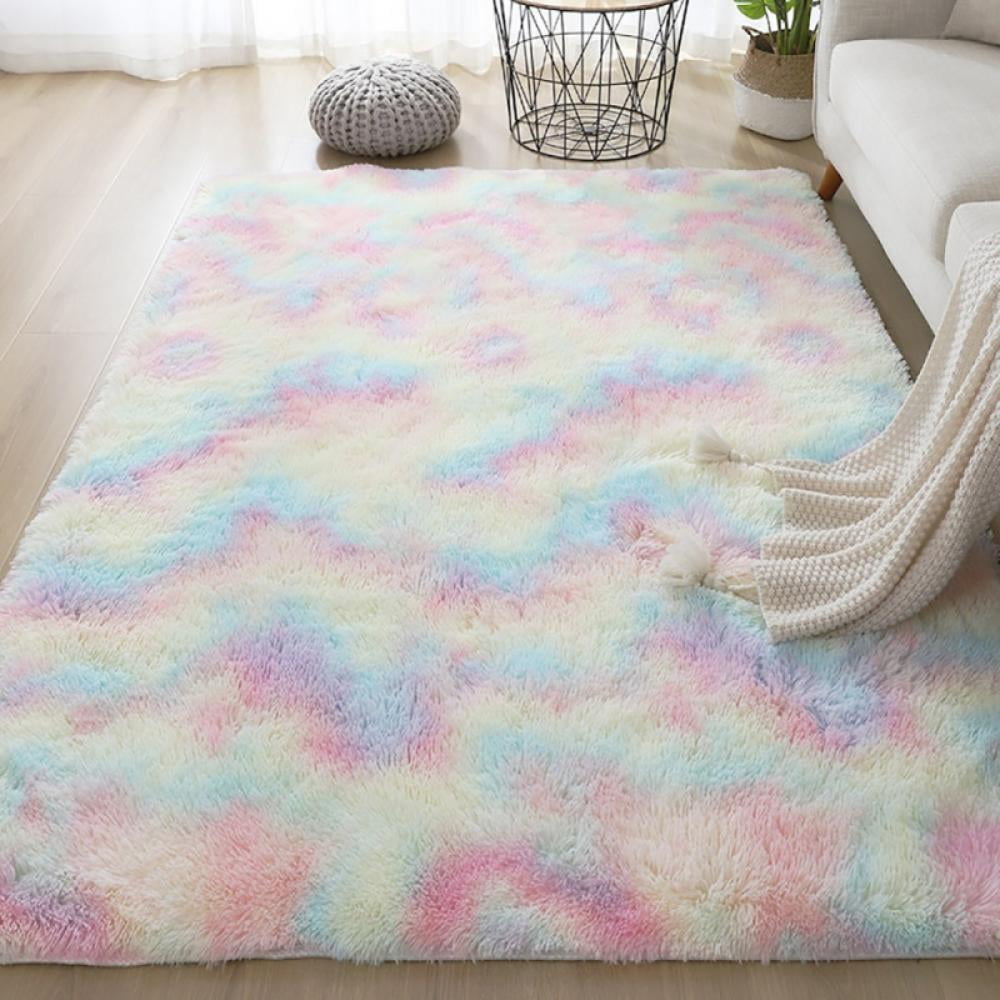 Fluffy Rainbow Rug Soft Tie Dyeing Shaggy Area Rug Carpet Floor Mat Home Decor 