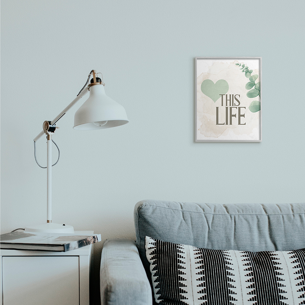 Stupell Industries Love This Life Text Green Heart Neutral Brown Gray Framed by Kim Allen