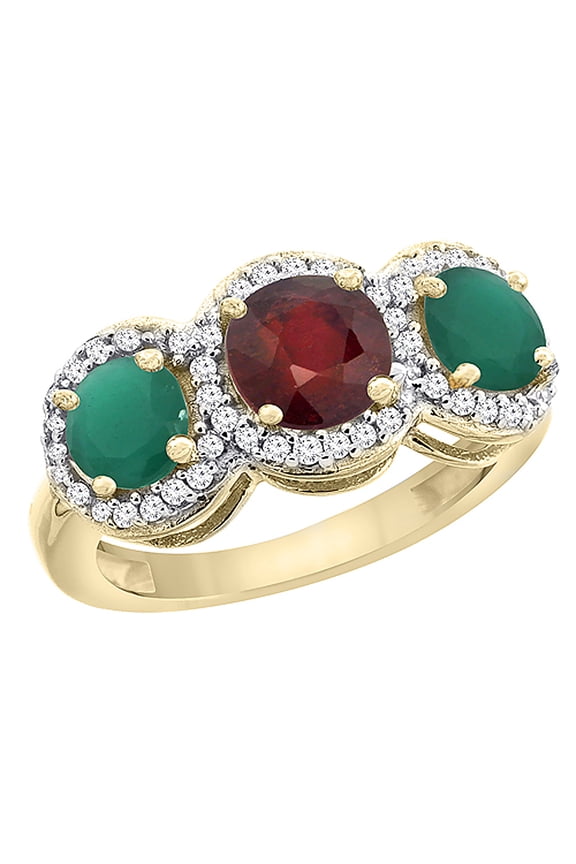14K Yellow Gold Enhanced Ruby & Emerald Sides Round 3-stone Ring Diamond Accents, size 7.5