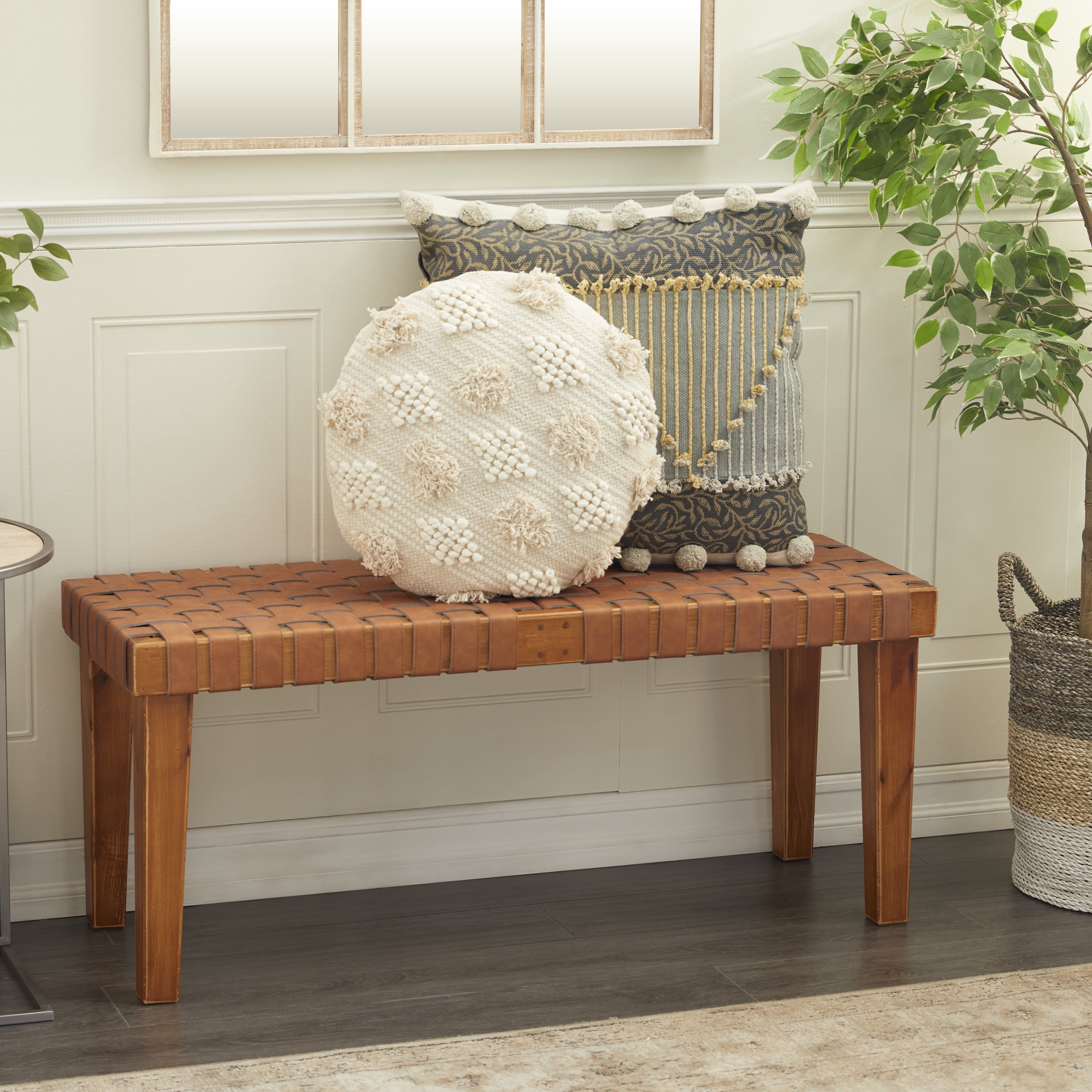 DecMode Rustic Rectangular Weave Pattern Wood Bench with Polished Brown Finish, 45"W x 19"H