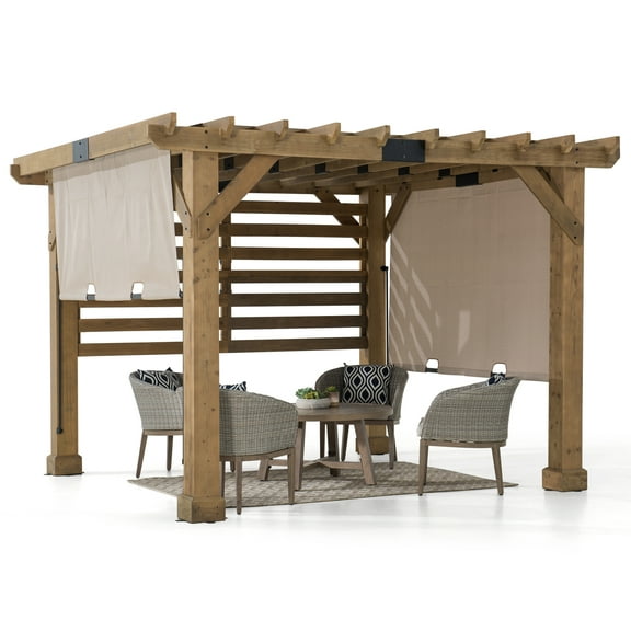 Sunjoy Cedar Pergola 10 x 11 ft. Wooden Hot Tub Pergola with Adjustable Canopy and Privacy Screen
