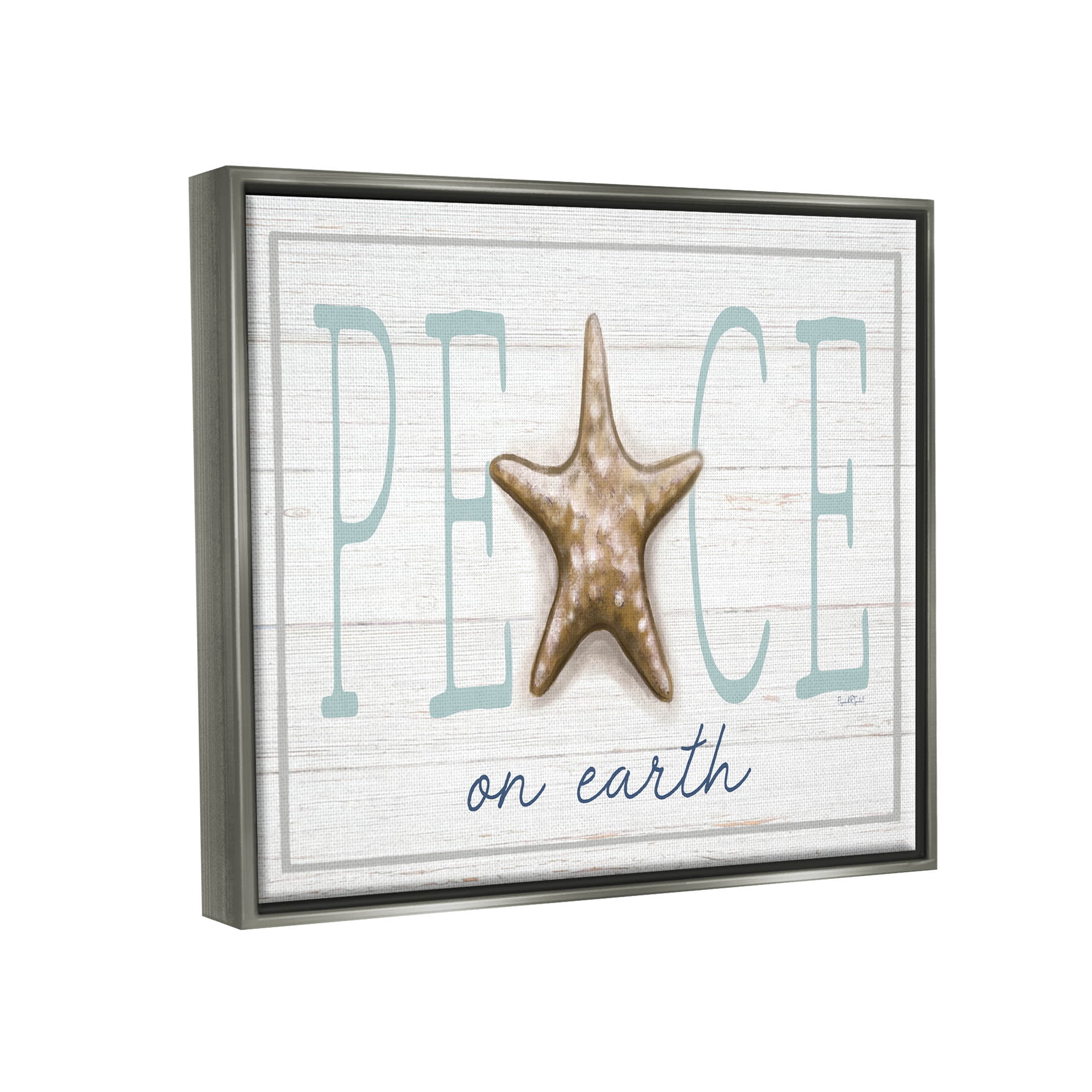 Stupell Industries Peace On Earth Starfish Sign Graphic Art Luster Gray Floating Framed Canvas Print Wall Art, Design by Elizabeth Tyndall
