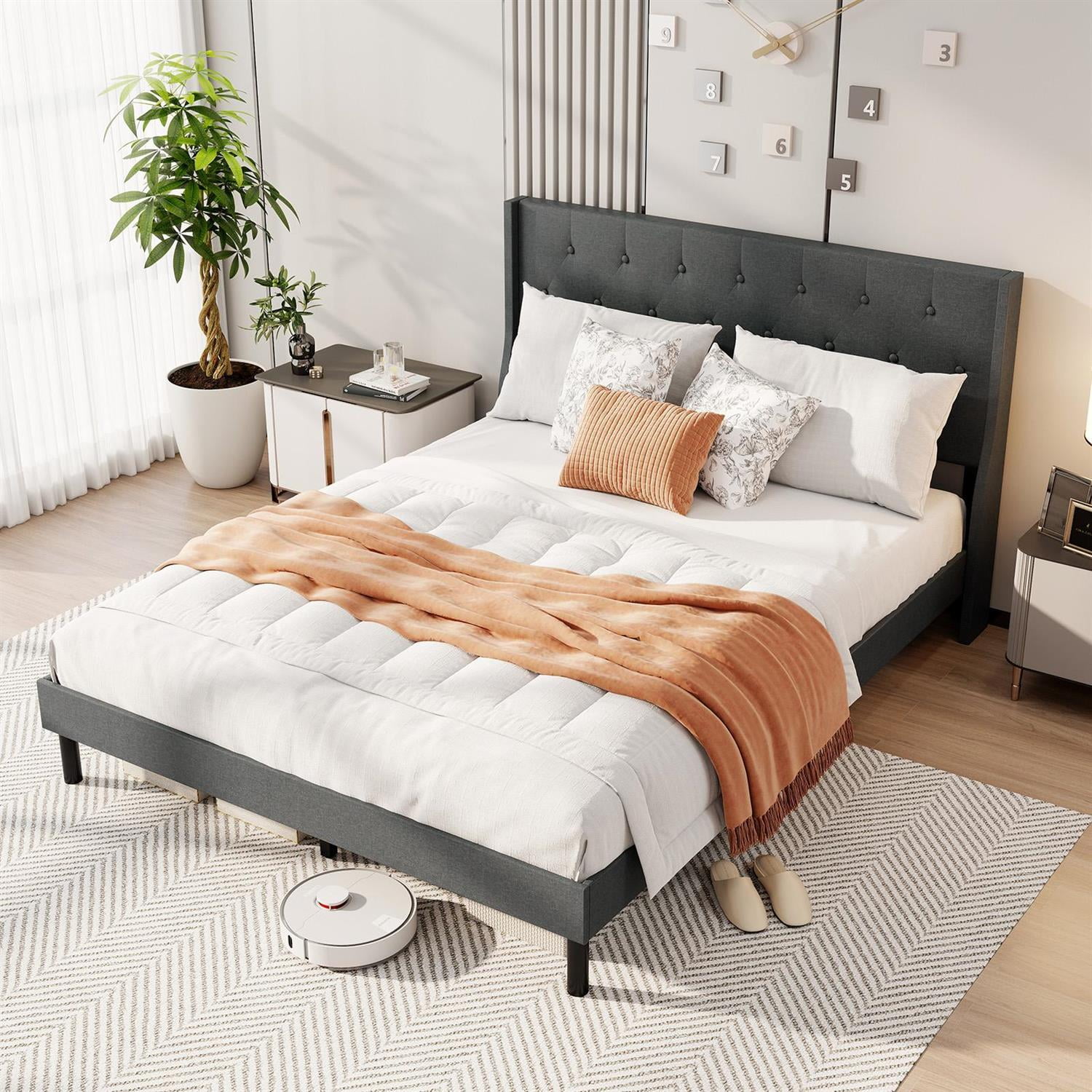 Spaco Queen Size Upholstered Bed Frame, Button Tufted Wingback Headboard, Linen Fabric & Foam, Rubber Wood Legs + Middle Support, Gray