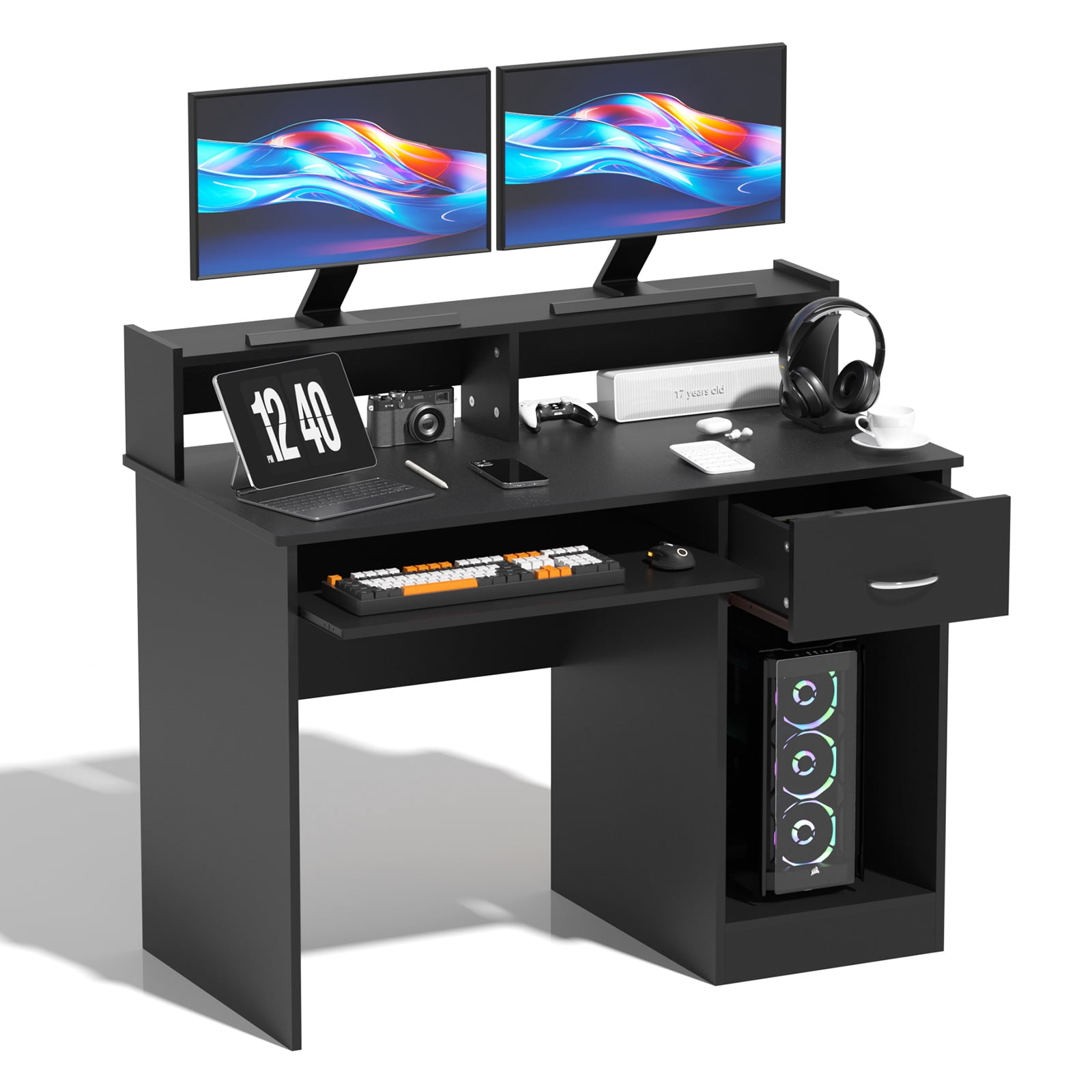 CL.HPAHKL 43 inch Computer Desk with Drawers, Small Office Desk Wood Study Writing Table with Monitor Stand & Keyboard Tray for Home Office, Small Spaces, Black