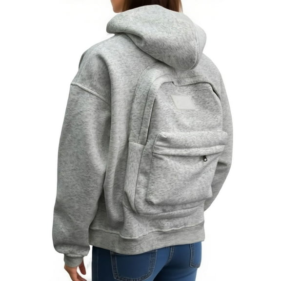 Dwelliawo Creative Travel Hoodies Backpack for Men and Women Lightweight Hooded Sweatshirts Cardigan Zipper Sweatshirts with Bag Gray M