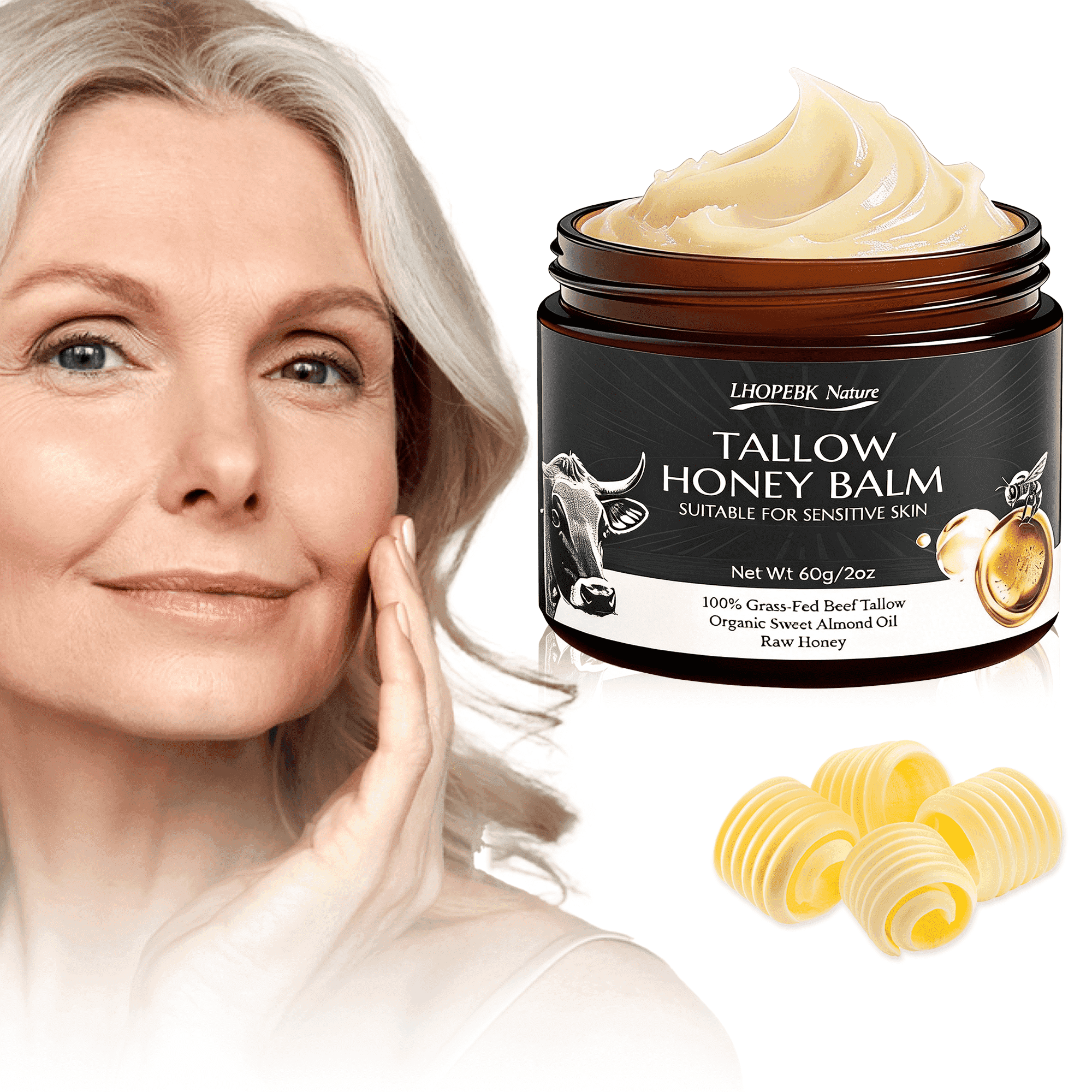Lhopebk Nature Beef Tallow for Skin: Tallow Honey Balm Face Moisturizers (60g/2oz)