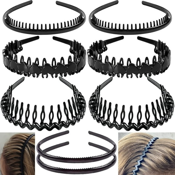 8 PCS Fashion No Slip Effortless Plastic Headbands with Teeth Comb Black Skinny Hair Bands for Women Men Teen Girls, Matte Black
