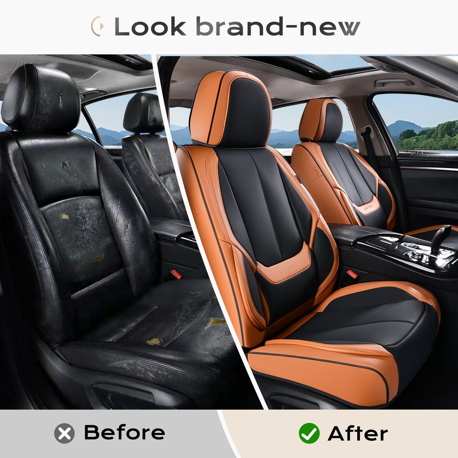 Coverado Black&Brown Car Seat Covers Full Set, Waterproof Premium Leather Front and Back Seat Protectors, Luxury Auto Interior Accessories, Universal Fit Most Cars Sedan SUVs Pick-up Trucks