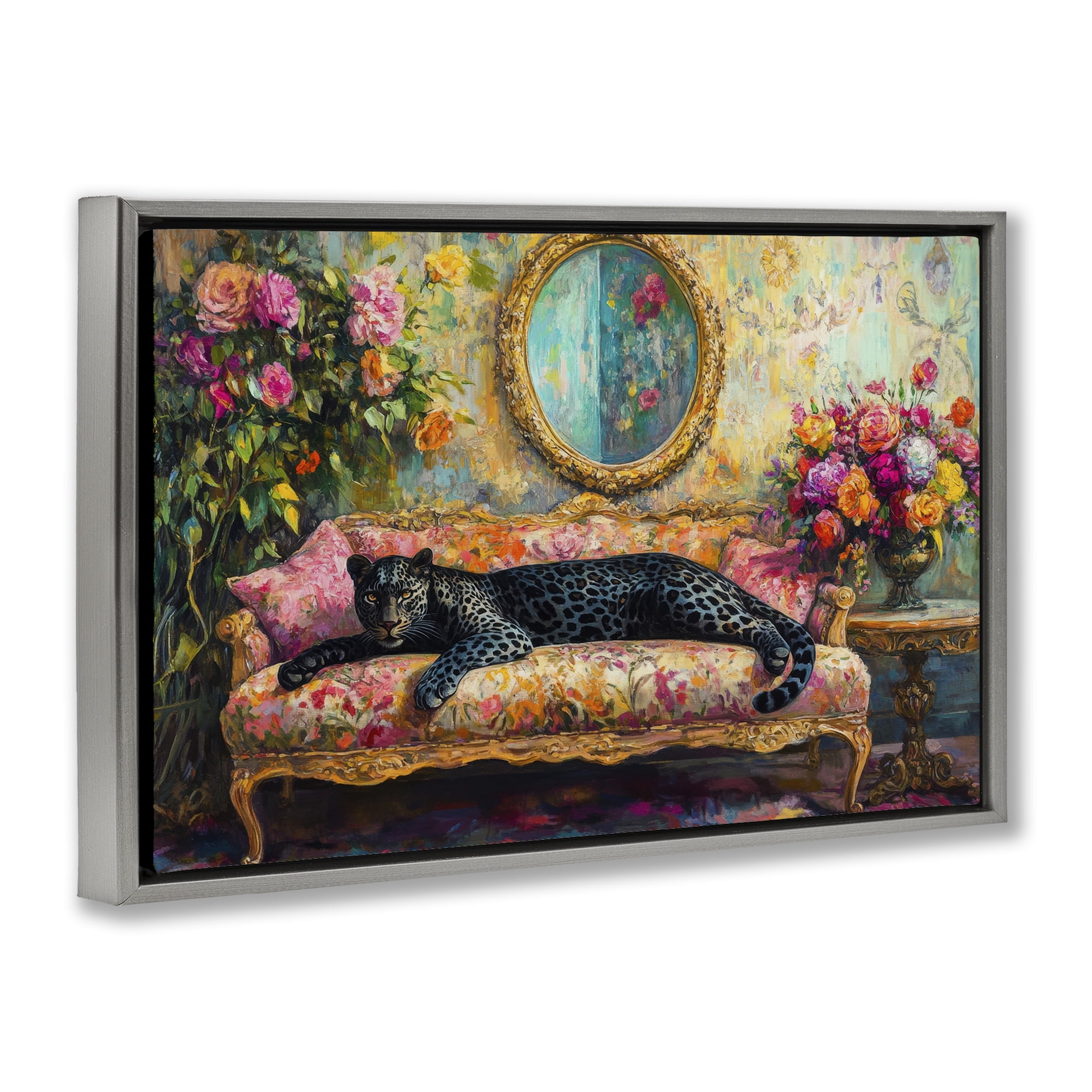 Stupell Industries Lounging Leopard on Floral Sofa Gray Framed Floater Canvas Wall Art, design by Petal Prints Design