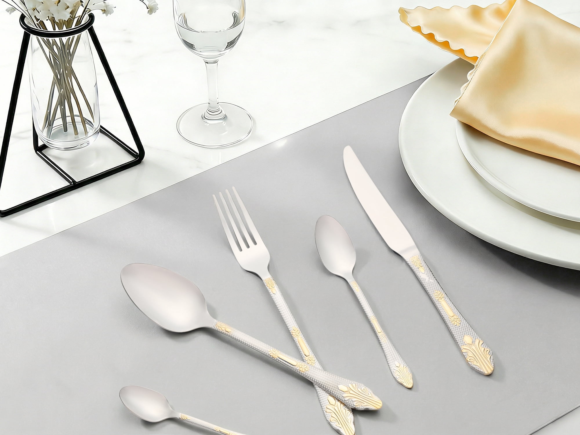 Unique Bargains 20Pcs Stainless Steel Floral Flatware Set For 4 Silver/Gold