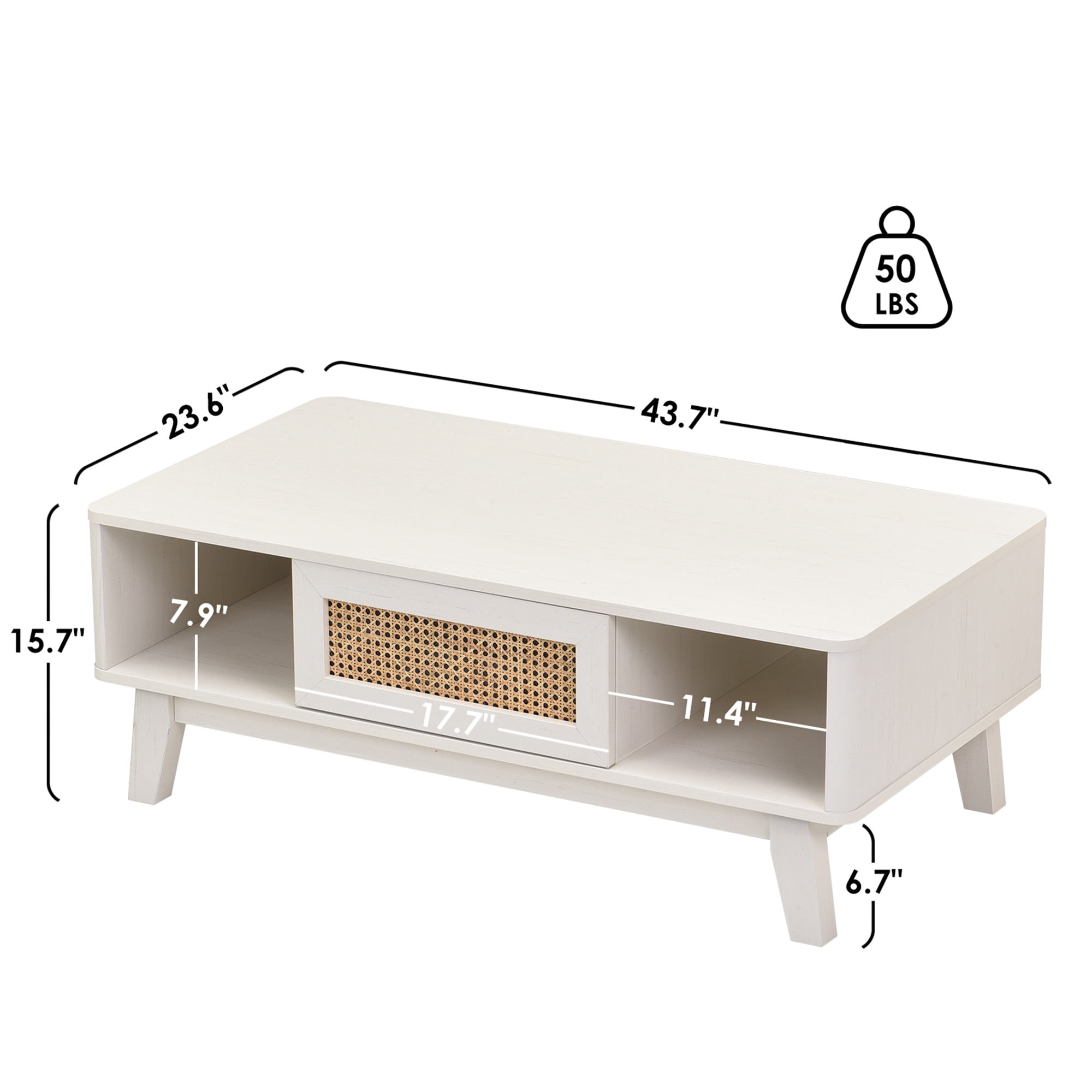MAYEERTY 44"White Modern Square Wooden Coffee Table with Rattan Drawer for Living Room